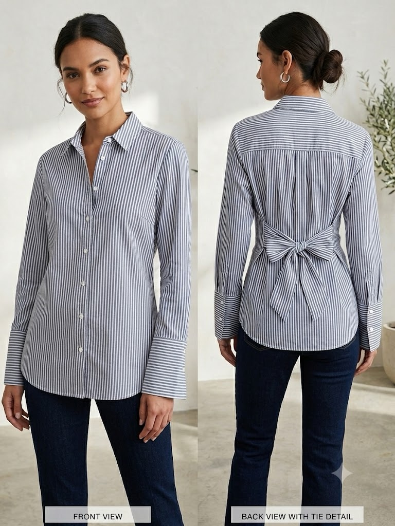 Express Striped Button-Down Shirt With Back Tie Detail